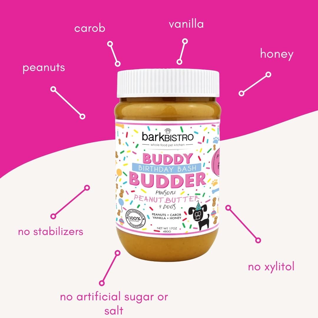 Bark Bistro Birthday Bash BUDDY BUDDER - 100% Natural Dog Peanut Butter, Made in USA 17oz jar