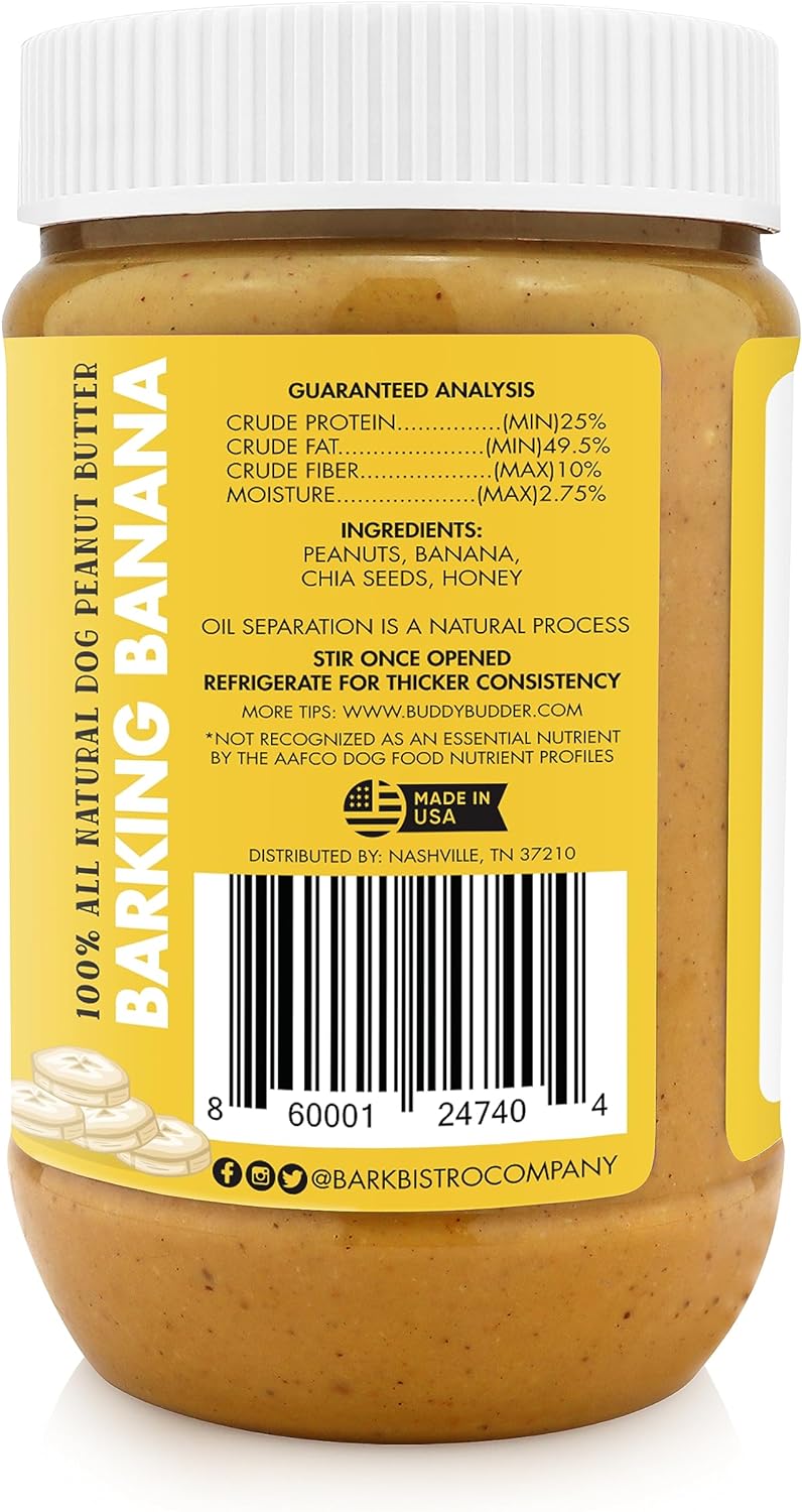 Bark Bistro Barking Banana BUDDY BUDDER - 100% Natural Dog Peanut Butter, Made in USA 17oz jar