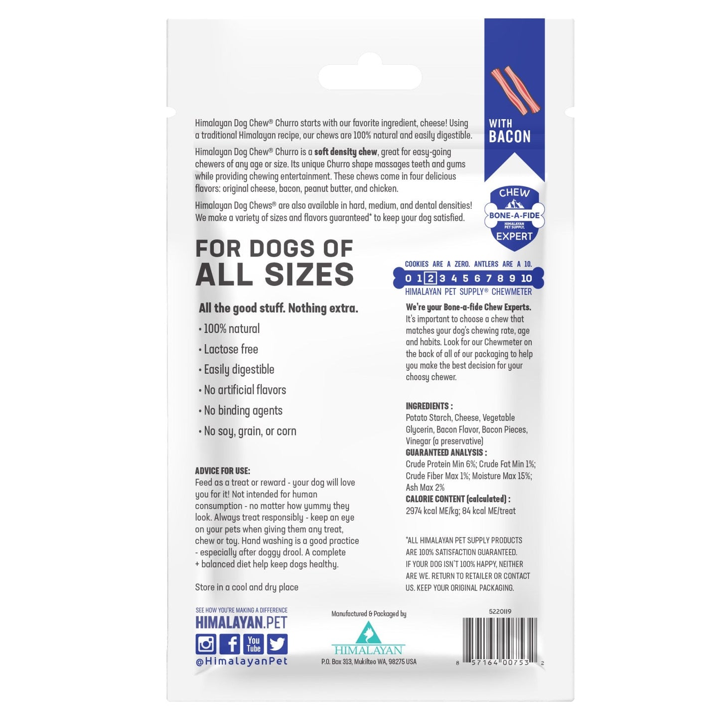 Himalayan Pet Supply yaky Churro Himalaya Cheese Treats | Real Bacon Flavor