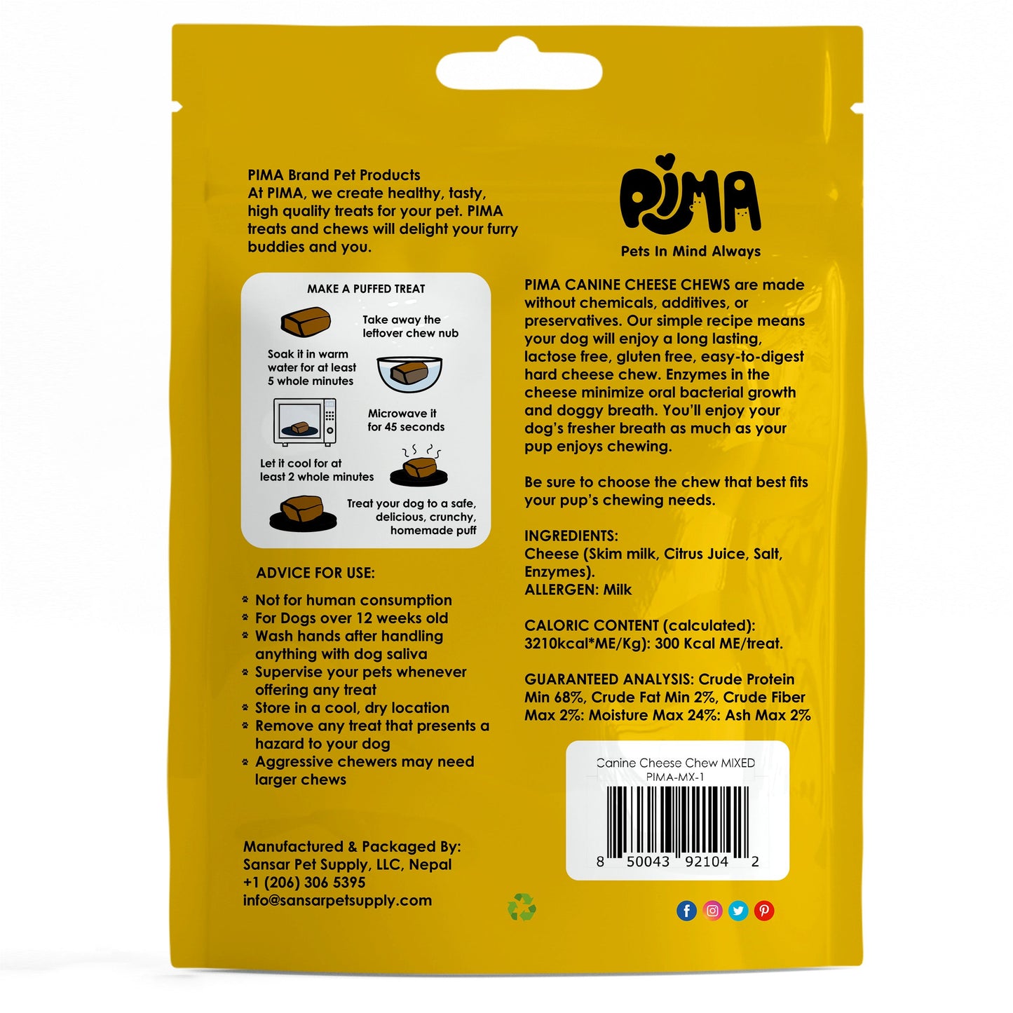 PIMA Canine Cheese Chew for Dogs 65 lbs or Smaller - 3 Chews Mixed Large - 9.9 oz.