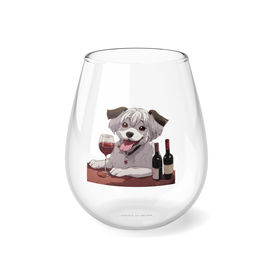 Stemless Wine Glass, 11.75oz Happy female anime dog with a glass of wine Mother&