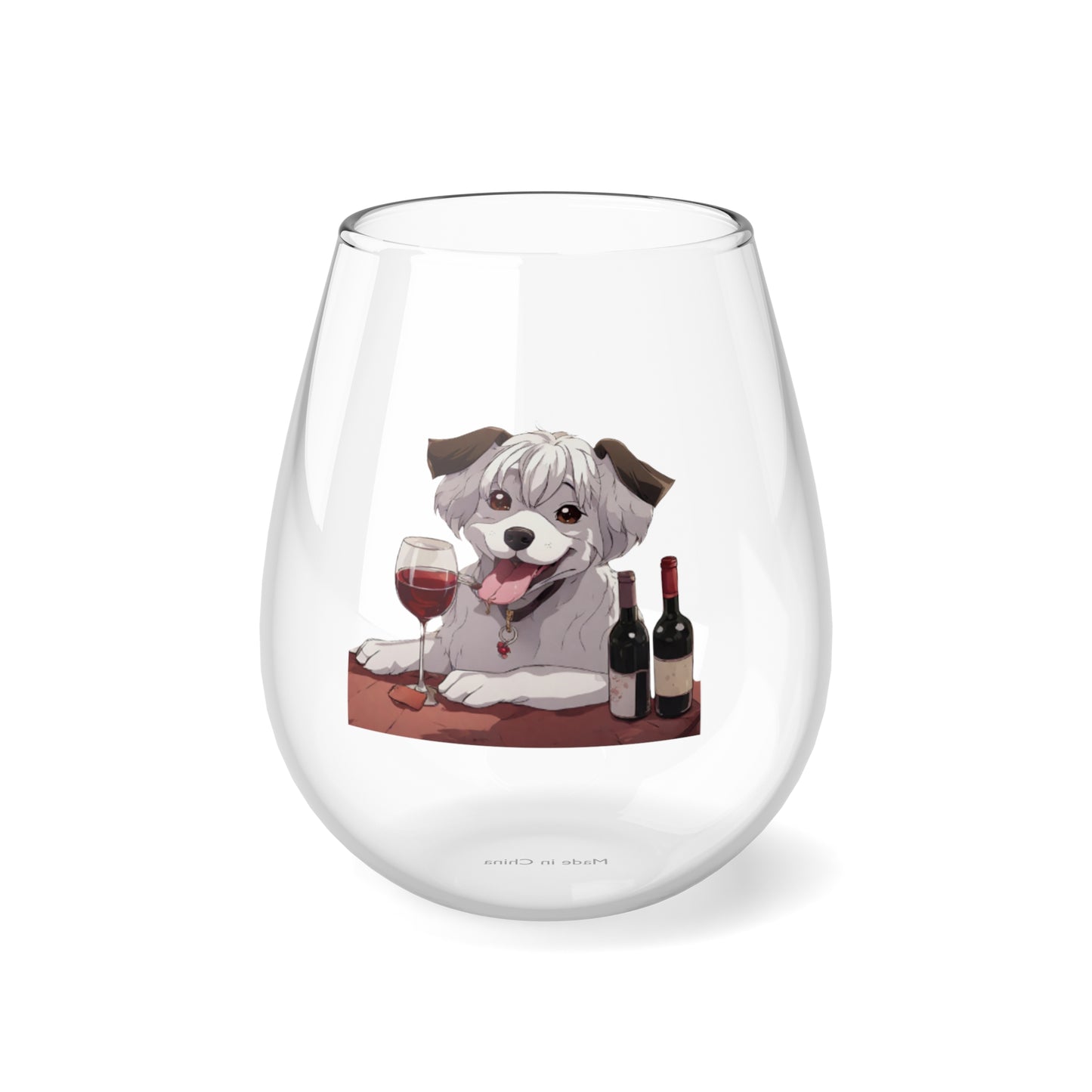 Stemless Wine Glass, 11.75oz Happy female anime dog with a glass of wine Mother's Day