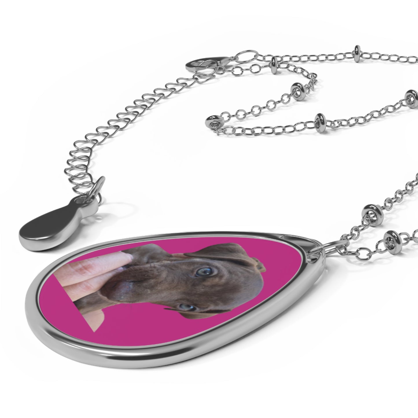 Oval Cat Portrait Necklace — Silver Teardrop Pendant with Black Kitten Photo