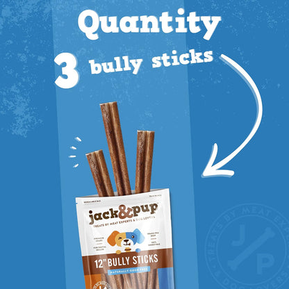 Jack & Pup 12" Thick Bully Sticks for Dogs — 3 Pack