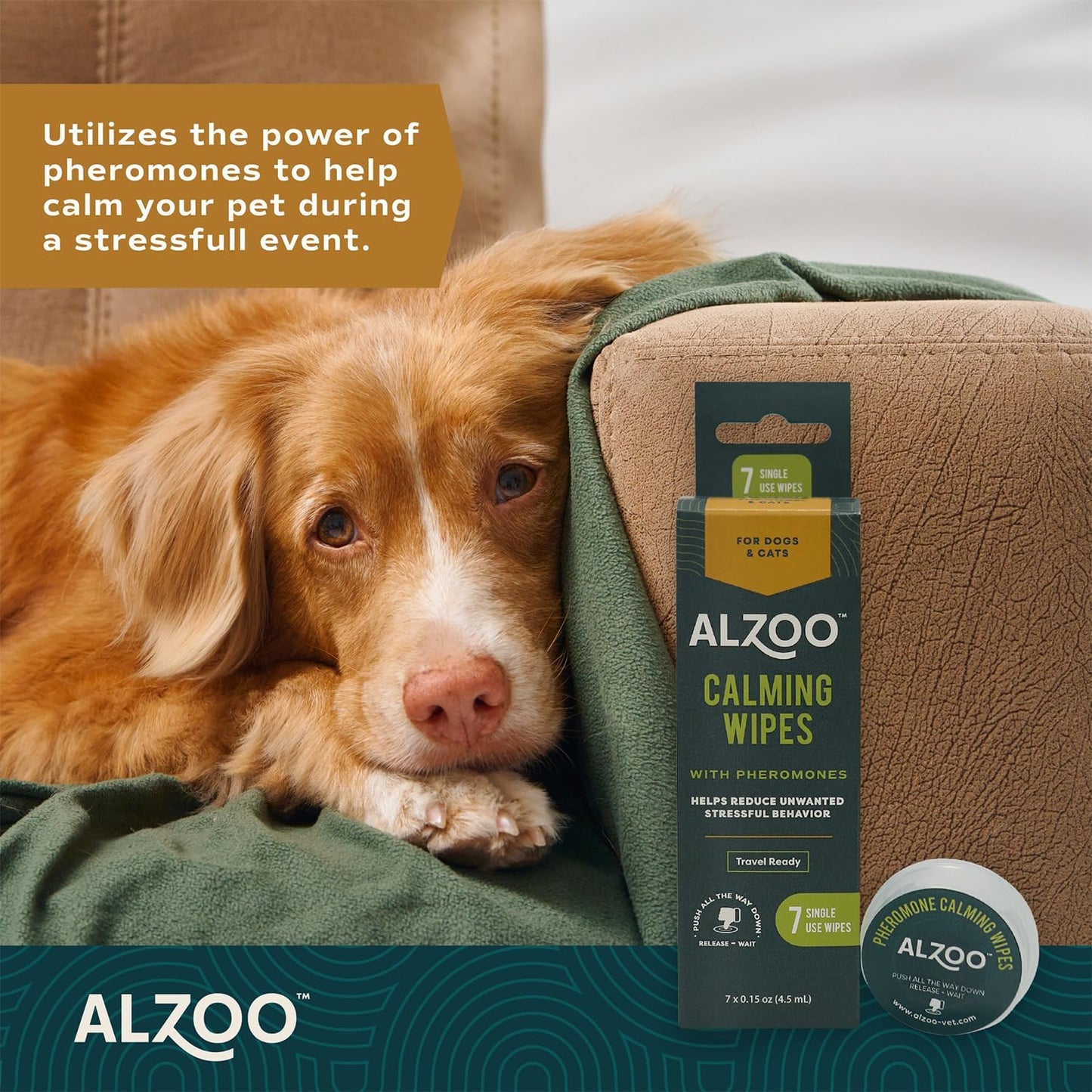 ALZOO On-the-Go Calming Wipes for Cats & Dogs with Pheromones — 7 Pack