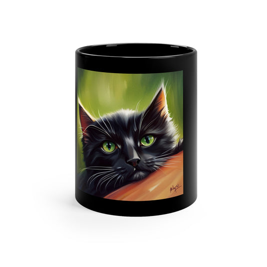 Black Coffee Mug, 11oz with black kitten taza con gatito negro