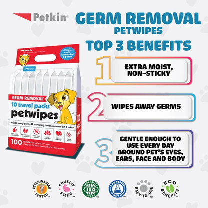 Petkin Germ Removal Travel Wipes for Pets — 10 Pack