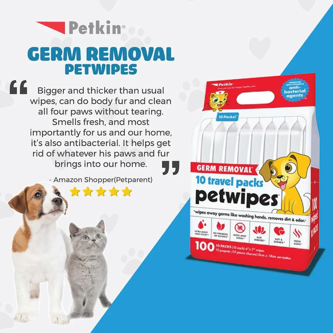 Petkin Germ Removal Travel Wipes for Pets — 10 Pack