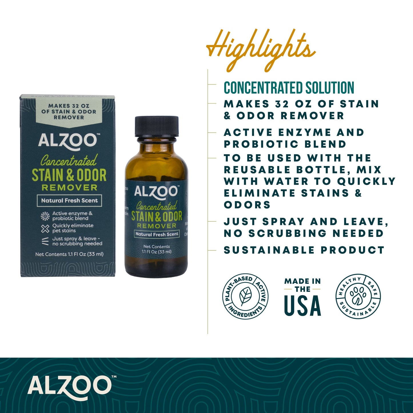 ALZOO Concentrated Enzyme Stain & Odor Remover Refill — 1.1 oz