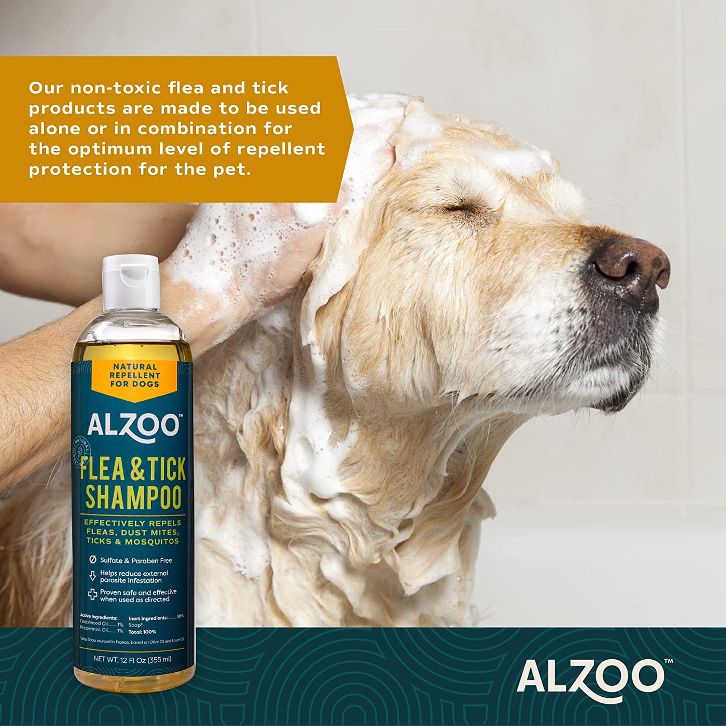 ALZOO Natural Flea & Tick Repellent Shampoo for Dogs — 12 oz