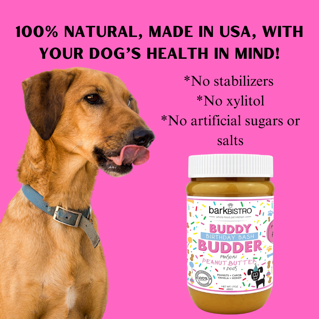 Bark Bistro Birthday Bash BUDDY BUDDER - 100% Natural Dog Peanut Butter, Made in USA 17oz jar