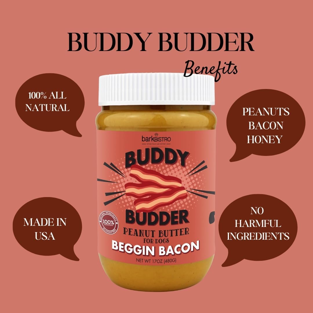 Bark Bistro Bangin Bacon BUDDY BUDDER - 100% Natural Dog Peanut Butter, Made in USA 17oz jar