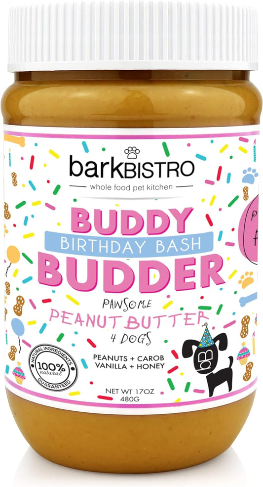 Bark Bistro Birthday Bash BUDDY BUDDER - 100% Natural Dog Peanut Butter, Made in USA 17oz jar