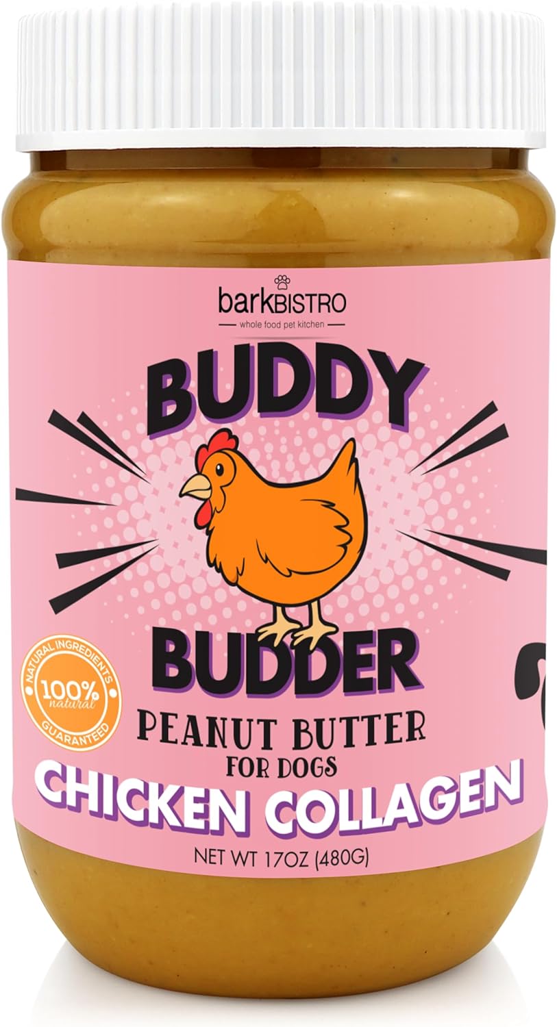 Dog-friendly peanut butter, Chicken Collagen pet treats, Natural dog snacks, USA-made dog treats, Bark Bistro Buddy Butter, Canine collagen supplements, Healthy dog diet, Gourmet dog treats, Nutrient-rich dog snacks, Premium pet food, All-natural canine treats, Peanut butter for dogs, Collagen-infused dog products, Wholesome pet nutrition, Unique dog delicacies, Homemade dog treats