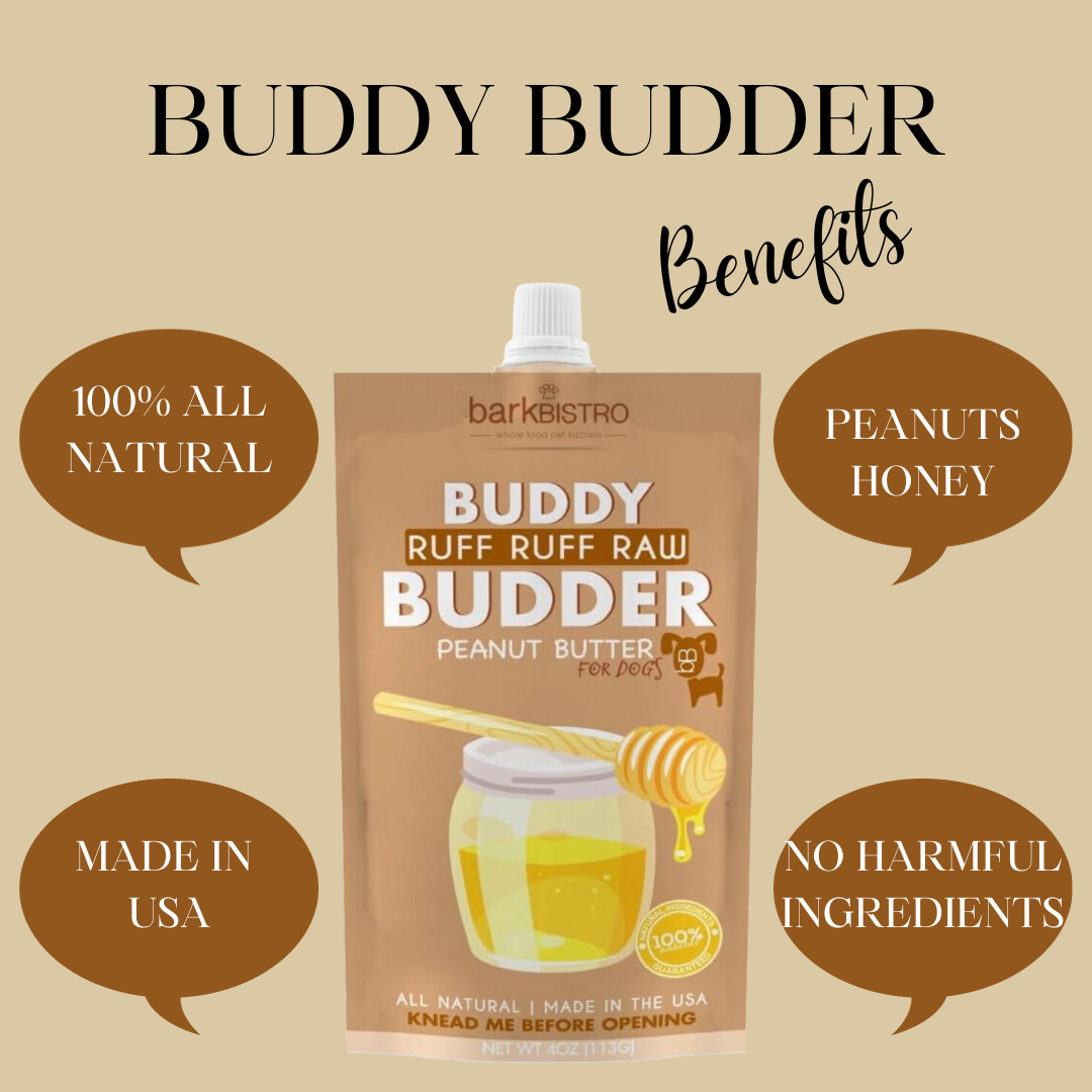 Bark Bistro Ruff Ruff Raw BUDDY BUDDER - 100% Natural Dog Peanut Butter, Made in USA 4 oz pouch