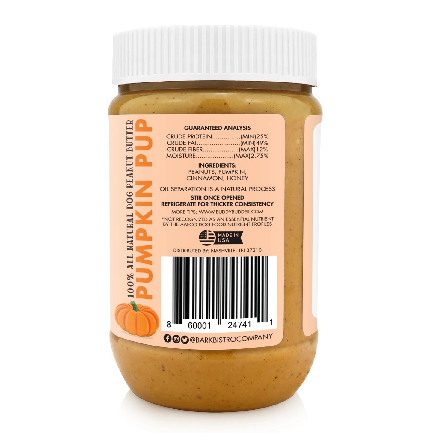 Bark Bistro Pumpkin Pup BUDDY BUDDER - 100% Natural Dog Peanut Butter, Made in USA 17oz jar