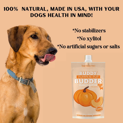 Bark Bistro Pumpkin Pup BUDDY BUDDER - 100% Natural Dog Peanut Butter, Made in USA 4 oz pouch